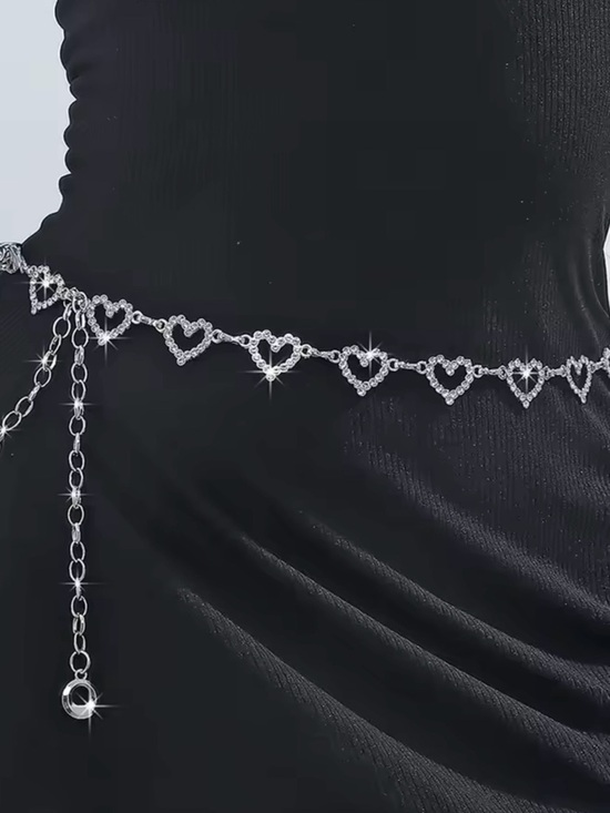 Accessories - Rhinestone Heart Chain Waist Belt - Silver